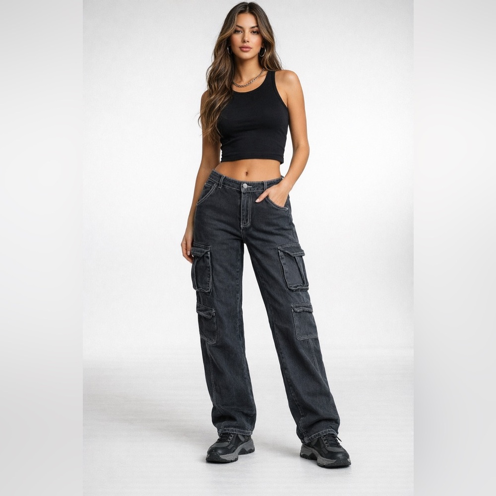 SHEIN Dark Gray Cargo Wide Leg Jeans